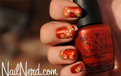 Orange Floral Nails-s