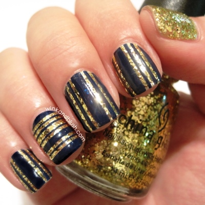 Navy Gold Glitter Striped Nail Art Amazingnailart Org